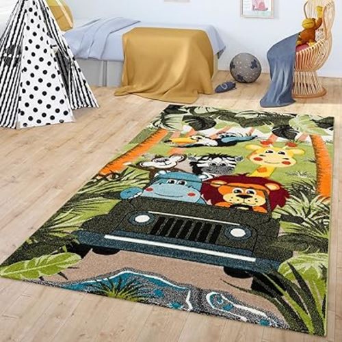 Paco Home Kids Rug for Nursery with Jungle Animals on Safari in Green, Size: 6'7" x 9'6"