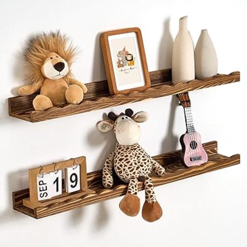 Fun Memories Scalloped Nursery Book Shelves 32in, Solid Pine Wood Floating Shelves for Wall, Kids Wall Book Shelves for Bedroom, Toddler Room & Nursery Decor, Set of 2