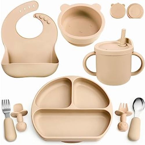 Silicone Baby Feeding Set, Baby Led Weaning Supplies with Suction Bowl Divided Plate, Toddler Self Feeding Dish Set with Spoons Forks Sippy Cup Adjustable Bib, Eating Utensils for 6+ Months(Khaki)
