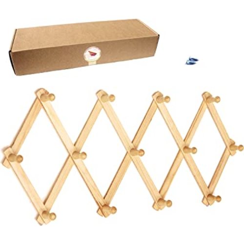 AMAPON Accordion Style Expandable Wall Wooden Coat Rack 13 Hooks (Pegs) Hang Hats Jackets Coffee Mug Purses Necklaces Towels Cap Leash Scarves Data Line Kitchenware