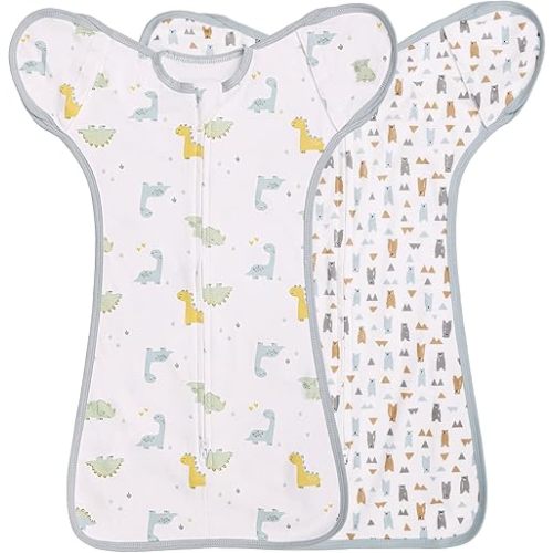 2 Pack Transition Swaddle with 2 Way Zipper, 2 in 1 Arms in/Out Transitional Arms Up Swaddle, 100% Cotton Newborn Swaddles Zipper Swaddles Baby Swaddling Sack Sleeping Sack 0-3 Months, Dinosaur & Bear