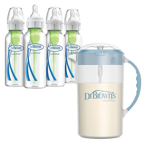 Dr. Brown's Baby Formula Mixing Pitcher 32oz, Blue with Anti-Colic Options+ Narrow Baby Bottles, 4 Pack, 8 oz