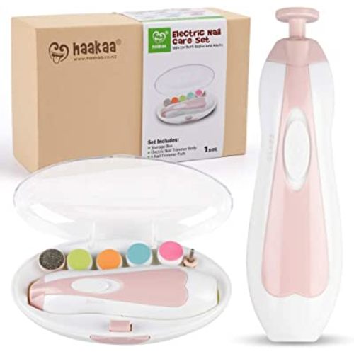 haakaa Baby Nail Trimmer Electric Safe Baby Nail Clippers Baby Nail File Kit Manicure Set, Trim Polish Grooming kit for Newborn Toddler or Adults Toes Fingernails, 6 Grinding Heads and LED Light, Pink