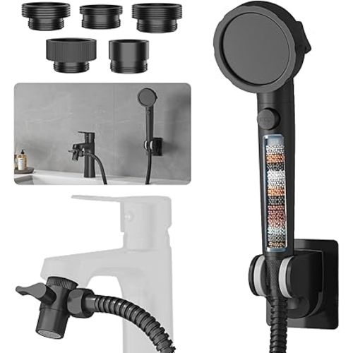 Sink Hose Sprayer Attachment for Faucet, 3 Mode Shower Head Attaches to Tub Faucet with 5 Adapters, High Pressure Shower Head for Bathtub, Handheld Showerhead with Filter (Black)