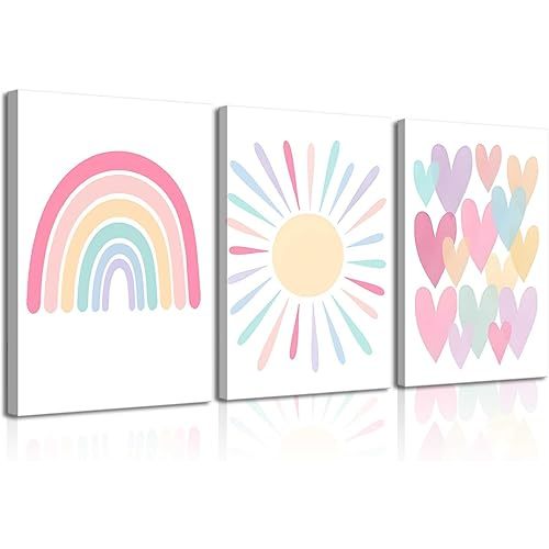RCJARTI 3Pcs Pink Nursery Canvas Wall Art Rainbow Poster Kids Bedroom Baby Girls Toddler Pastel Wall Decor Prints Sun Boho Pink Sunshine Painting for Classroom School Nursery Decoration 12x16in