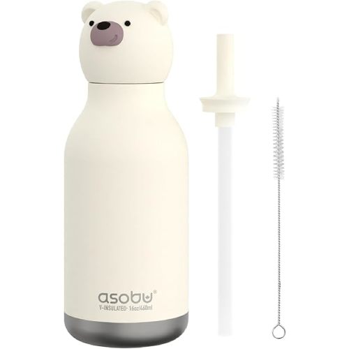 asobu Bestie Bottle Insulated Stainless Steel Water Bottle with Detachable Soft Animal Head Fun Drinking For Kids and Teens16 Ounce (Bear)