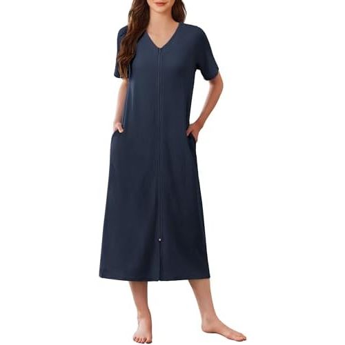 Ekouaer Zip Up Robe for Women Long Housecoat Waffle Knit Bathrobes Cozy Full Length Nightgown with Pockets S-4XL