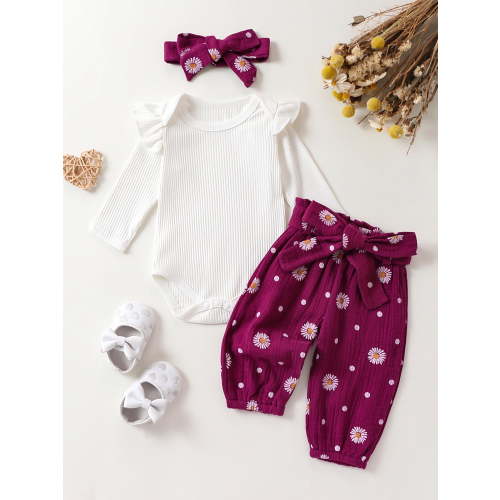 Loicainy Baby Toddler Girls Fall Outfit 3 6 12 18 24 Months Long Sleeve Romper with Flower Print Belted Pants and Headband Clothing Set
