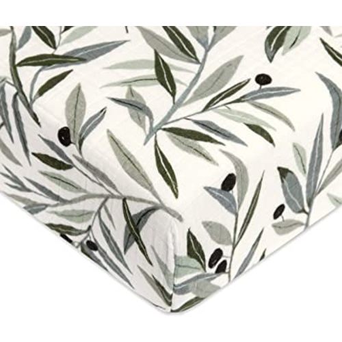 Babyletto 100% Organic Cotton Crib Sheet, GOTS-Certified, Fitted 360°, Ultra-Soft and Breathable Muslin - Olive Branches