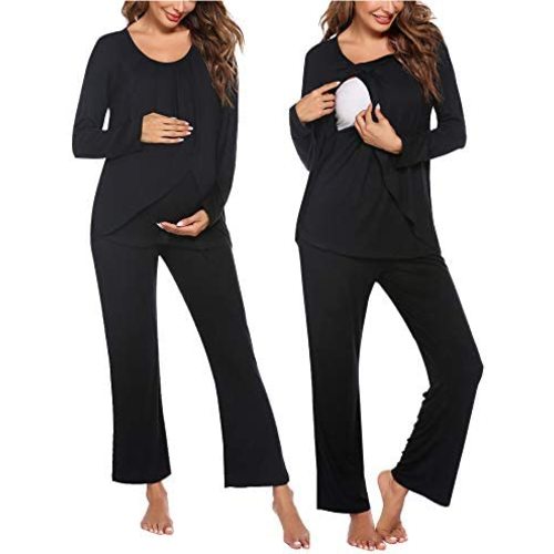 Ekouaer Maternity Nursing Pajama Set Long Sleeve Top & Pants with Pockets Breastfeeding Sleepwear Double Layer Pregnancy