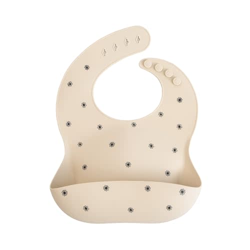mushie Silicone Baby Bib | Adjustable Fit Waterproof Bibs (Black Daisy)