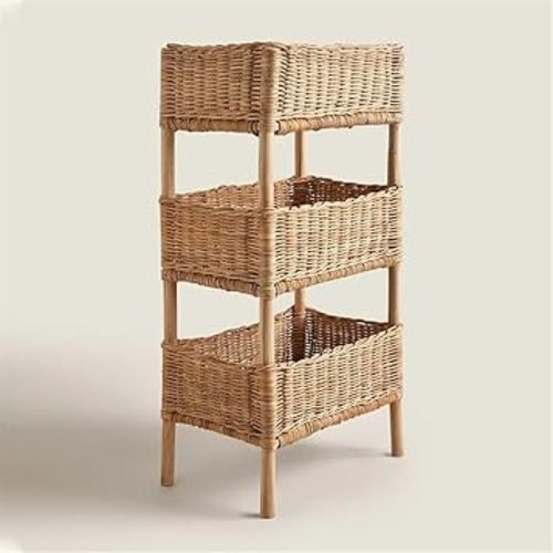 Rattan Shelving Unit 3 Tiers Standing Wooden Caddy, Hand Woven Floor Rattan Portable Laundry Bin Basket Applicable for Living Room, Bedroom, Kitchen(Color:Natural), 30*20*60cm