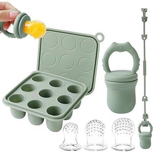 Baby Fruit Food Feeder Teether & Baby Food Freezer Tray Combo, Teething Popsicle Molds for Babies 4-6, 12 Months with Silicone Toy Strap, Food Feeder for Infant Self Feeding, BPA Free(Sage)