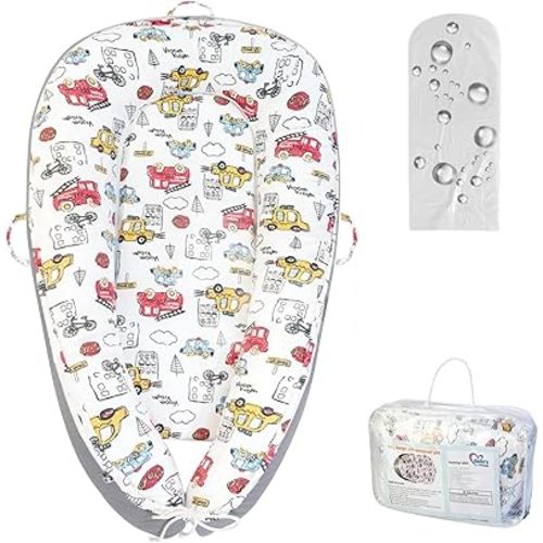Baby Lounger with Waterproof Liner, Infant Lounger for 0-24 Months Newborn,Soft Cotton & Breathable Cover,Essentials Gifts for Baby Travel and Floor (Baby car)