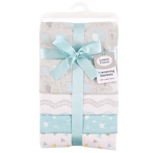 Luvable Friends Baby Cotton Flannel Receiving Blankets, Basic Elephant 4-Pack, One Size