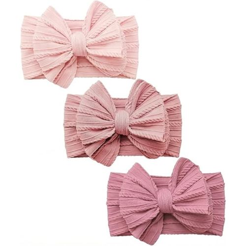 Baby Bows Headbands Soft Nylon Handmade Hair Accessories for Newborn Infant Toddler Kids (3 Mixed Pink, Large)