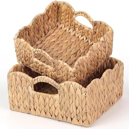 Scalloped Baskets (Natural-Set of 2) Basket Living Room Organizer, Water Hyacinth Basket, Basket For Decor, Woven Basket for Bathroom, Bedroom, Laundry,...Hyacinth Storage Basket with Built-in Handles