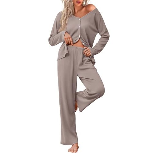 Ekouaer Womens Waffle Knit Pajamas Long Sleeve Lounge Set Button Up Pjs Loungewear with Pockets