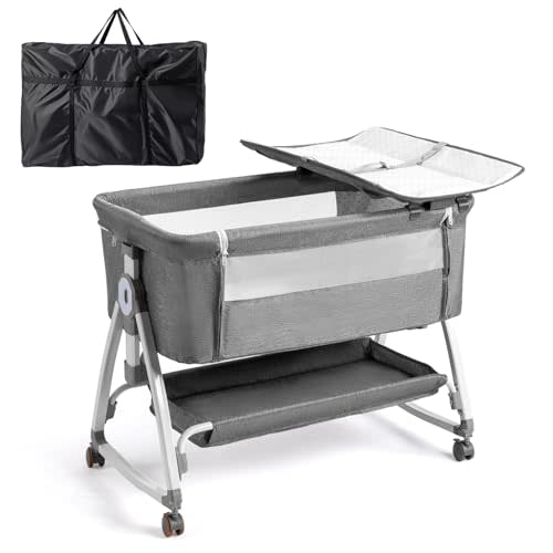 JOYMOR Baby Bassinet with Changing Table, Bedside Bassinet for Baby with Comfy Mattress and Wheels, 6 Height Adjustable Easy Folding Portable Bedside Crib for Newborn (Gray)