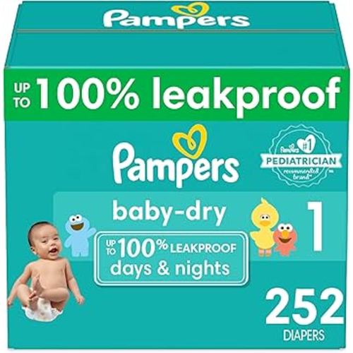Pampers Baby Dry Diapers - Size 1, One Month Supply (252 Count), Absorbent Disposable Diapers