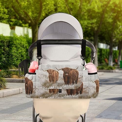 Scottish Highland Cow Western Baby Stroller Organizer with Shoulder Strap Diaper Bag Baby Essentials Universal Fit Most Strollers