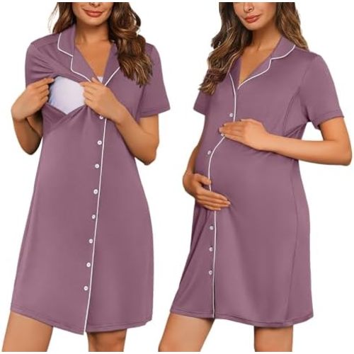 Ekouaer Button Down Nursing Nightgown V Neck Breastfeeding Dress Short Sleeve Classic Maternity Pajamas