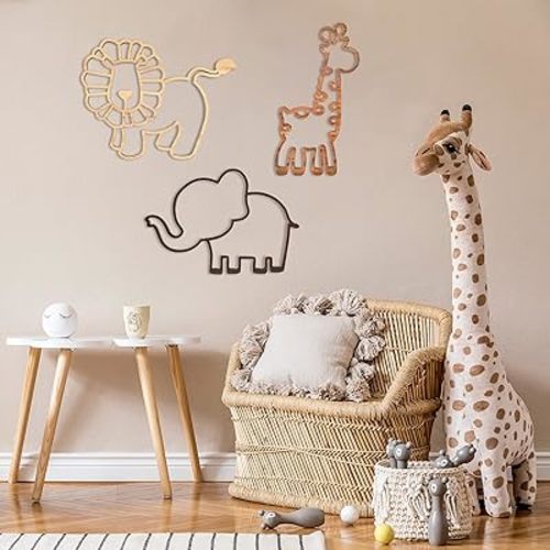 Yulejo 3 Pieces Nursery Wall Decor Jungle Theme Nursery Decoration Wooden Woodland Safari Animal Wall Decor with Glue Points for Bedroom