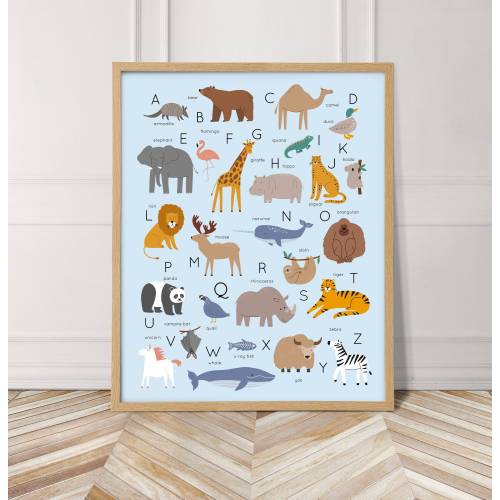 Animal alphabet poster in blue, printable educational wall art