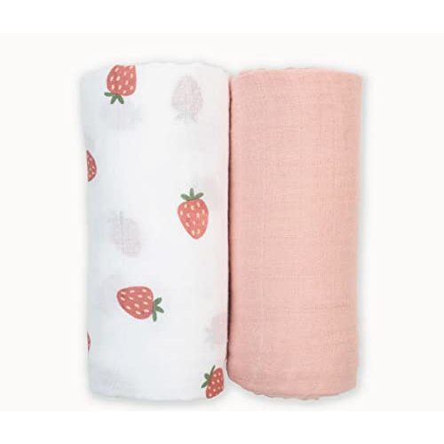 lulujo Boho Swaddle Set, Cotton Muslin Blankets, 2 Pack (Strawberries & Ballet Slipper)