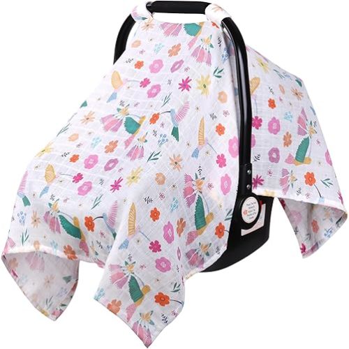 Rquite Muslin Car Seat Cover Baby, Carseat Covers Baby Girl Boy, Breathable Lightweight Infant Car Seat Cover, Baby Carrier Cover Car Seat Canopy Stroller Sun Shade for Summer & Hot Day, Universal Fit