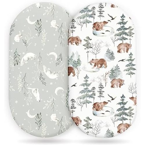 Stretchy Bassinet Mattress Sheets, Ultra Soft Bassinet Sheet 2 Pack, Universal Fitted for Oval Hourglass Rectangular Bassinet Mattress Pad Safe and Snug, Stylish Pattren of Bear and Wolf Print