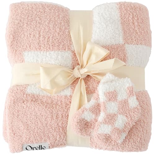 Orelle Pink Checkered Baby Blanket & Matching Socks Set | Soft Baby Blankets for Girls | Soft Plush Blankie for Girls | Checkered Nursery Decor | Newborn Registry Must Have | Pink