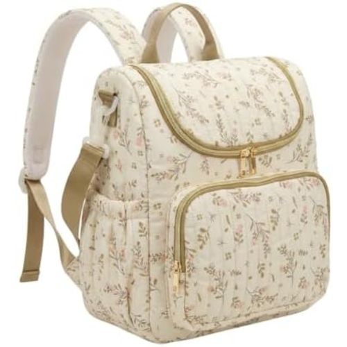 Lushandy Quilted Diaper Bag Backpack, Floral Puffer Diaper Backpack with Stroller Straps Large Baby Travel Hospital Bag