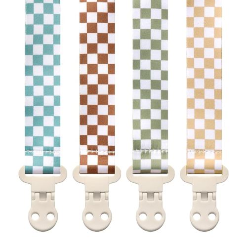 Stadela Baby Pacifier Clip Holder - Girl or Boy Unisex 4 Pack Gift Set – Neutral Modern Retro Checker Green Blue Brown Beige