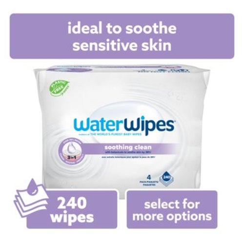 WaterWipes Soothing Clean 99% Water Based Botanical Baby Wipes, 4 Resealable Packs (240 Wipes)
