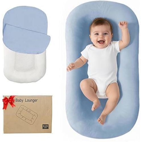 Lucakuins Baby Lounger, Bionic Design Baby Lounger for Newborn 0-24 Months, Soft Organic Cotton Breathable Lounger for Infants (Blue Newborn Lounger)