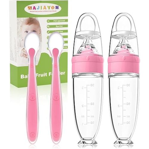 WAJIAYON Baby Food Feeder 4 Pack Silicone Baby Food Dispensing Spoon-3 oz Squeeze Feeding Spoons with Suction Cup for Boys Girl Kids Toddlers - Self Feeding Bottle Spoon-Peach Pink