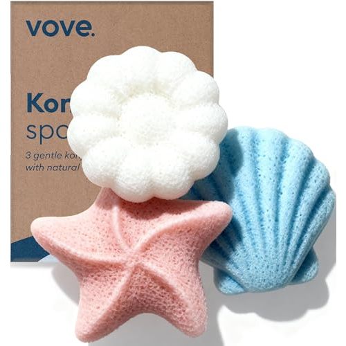 Vove Organic Konjac Baby Bath Sponges 3-Pack - Safe Natural Bath Sponges for Newborns Infants & Toddlers, Cute Ocean Shapes, Plant-Based Baby Bathing, Certified Organic
