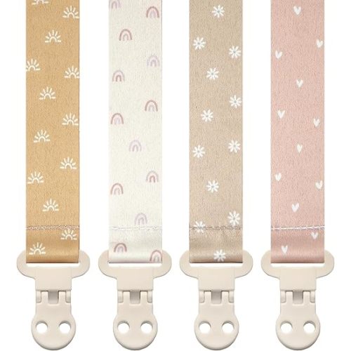 Baby Pacifier Clip Holder - Girl 4 Pack Gift Set - Boho Rainbow Suns Hearts Daisies Design (Belle)