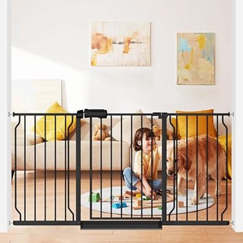 Extra Wide Baby Gate 57.5-62 Inch Black Walk THR Dog Gates Doorways House No Drill Pressure Mounted Auto Close Long Child Safety Gate for Kids and Pet