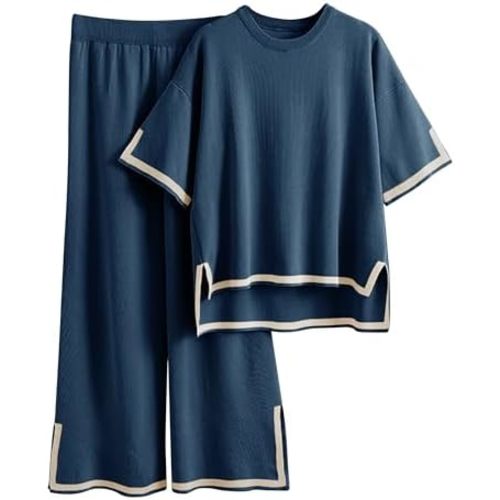 Tanming Sweater Sets Women 2 Piece Lounge Sets Short Sleeve Knit Pullover Tops Wide Leg Pants