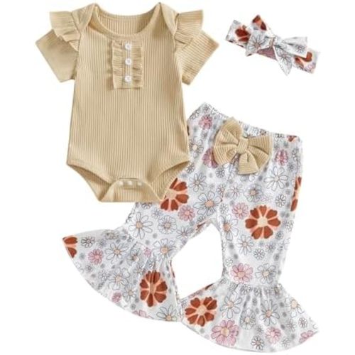 ZAXARRA Newborn Baby Girls Outfit Flying Sleeve Crew Neck Romper Floral Flared Pants Headband Cute Casual Clothes Set