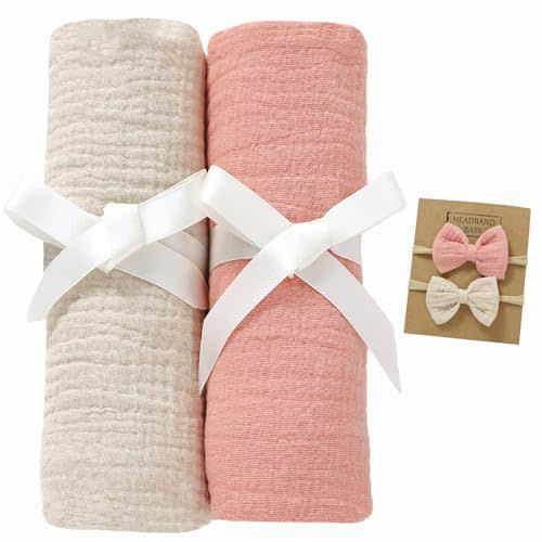 okdiy 2 Pack Muslin Swaddle Blankets with Headband Set 47x47 in,Large 100% Organic Cotton Muslin Baby Blanket for Newborn Toddlers,Baby Receiving Blankets for Boys and Girls (Khaki+Pink)