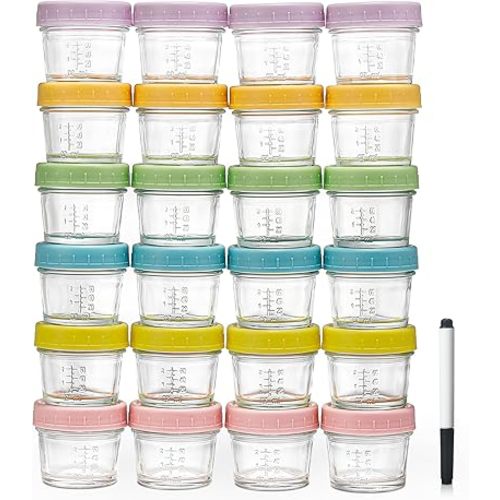 DIMBRAH Baby Food Storage Containers -24pcs, 4oz Reusable Glass Baby Food Jars with Lids–Dishwasher & Freezer Safe, Suitable for Baby and Toddler Foods、Fruit and Vegetable Purees