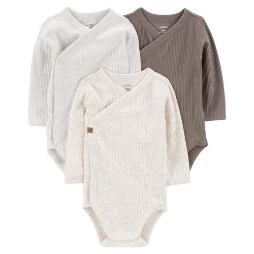Baby 3-Pack Side-Snap Bodysuits - Style,Brown/Heather