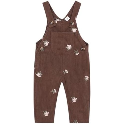 Korago Baby Girl Overalls Corduroy with Floral Embroidery,Beige Toddler Jumpsuit Romper,Soft Overall for Girls (6 Months-3T)