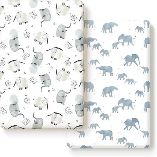 Pack n Play Sheets Fitted 2 Pack, Stretchy Ultra Soft Jersey Knit Pack and Play Sheets, Universal Fitted Portable/Mini Crib Mattresses Snug and Safe, Cute Elephant Print for Boys and Girls