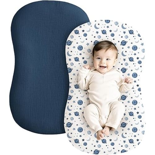Konssy Muslin Baby Lounger Cover 2 Pack, 100% Cotton Newborn Lounger Cover, Soft and Breathable Lounger Cover for Boys Girls, Covers Only (Planet,Navy)