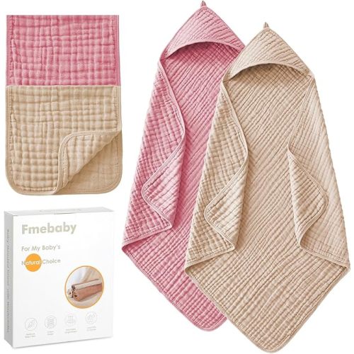 Fmebaby Hooded Baby Towels for Newborn 2 Pack, 36x36 Inch Muslin Cotton Baby Bath Towel and 2 Pack Washcloths for Babies, Toddler and Kids, Soft and Absorbent Newborn Essential(Pink and Apricot)