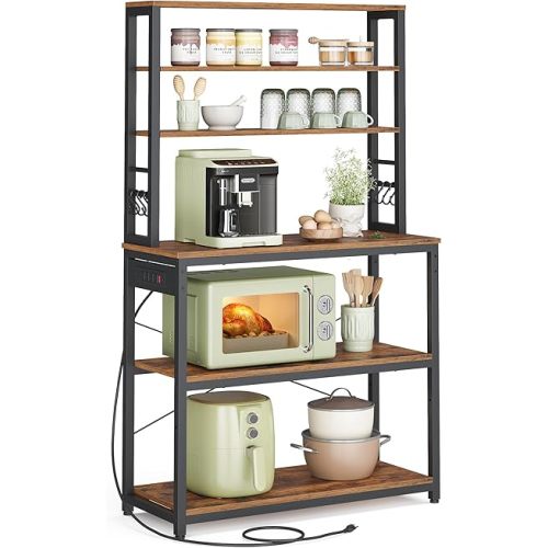 VASAGLE Bakers Rack with Power Outlet, 31.5 Inches Coffee Bar for Kitchen with Storage, 6-Tier Kitchen Shelves with 6 Hooks, Microwave Stand, Industrial, Rustic Brown and Ink Black UKKS119K01